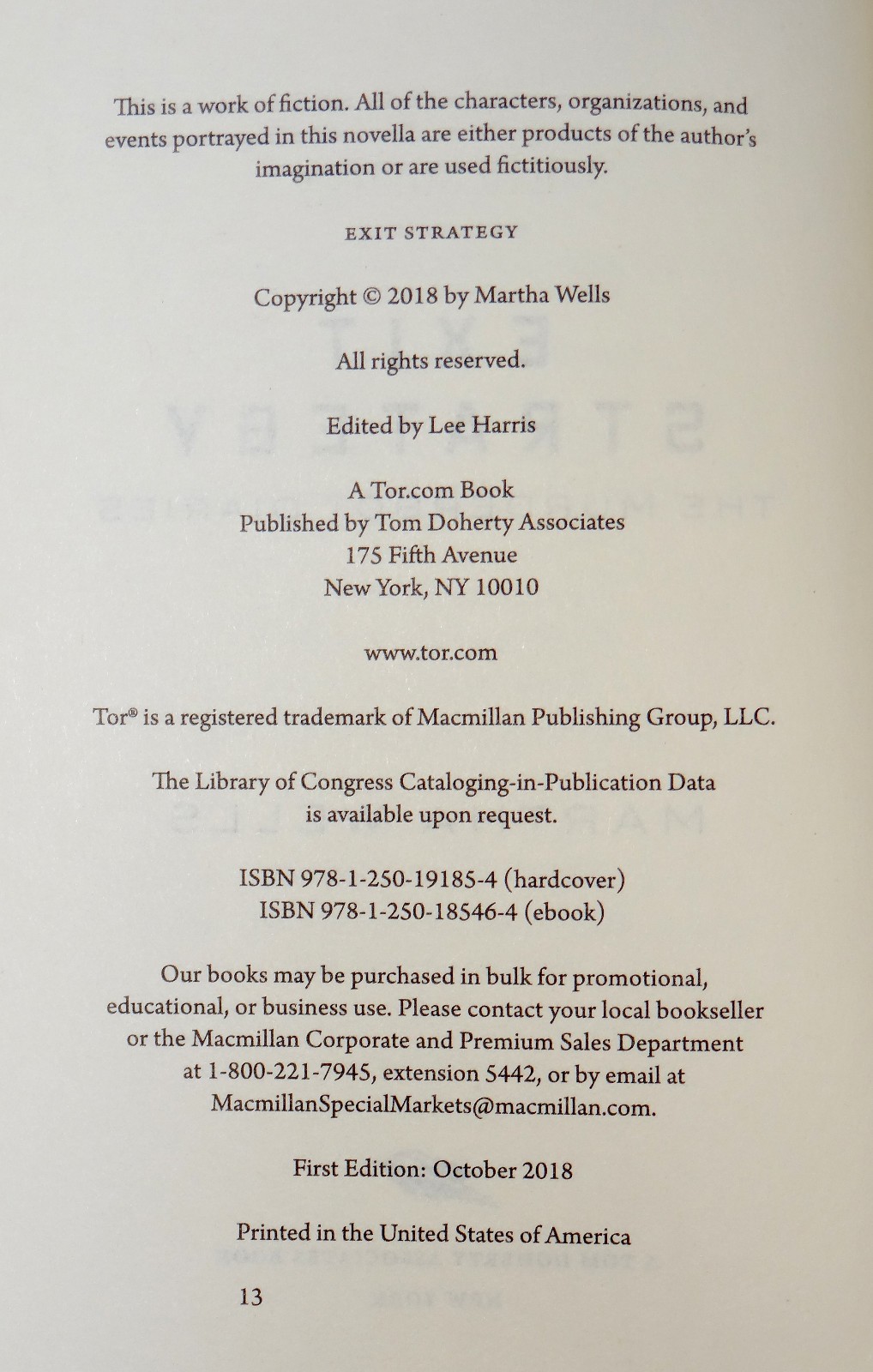 Martha Wells Exit Strategy Murderbot Diaries 4 1st Hardcover Edition 13th Print