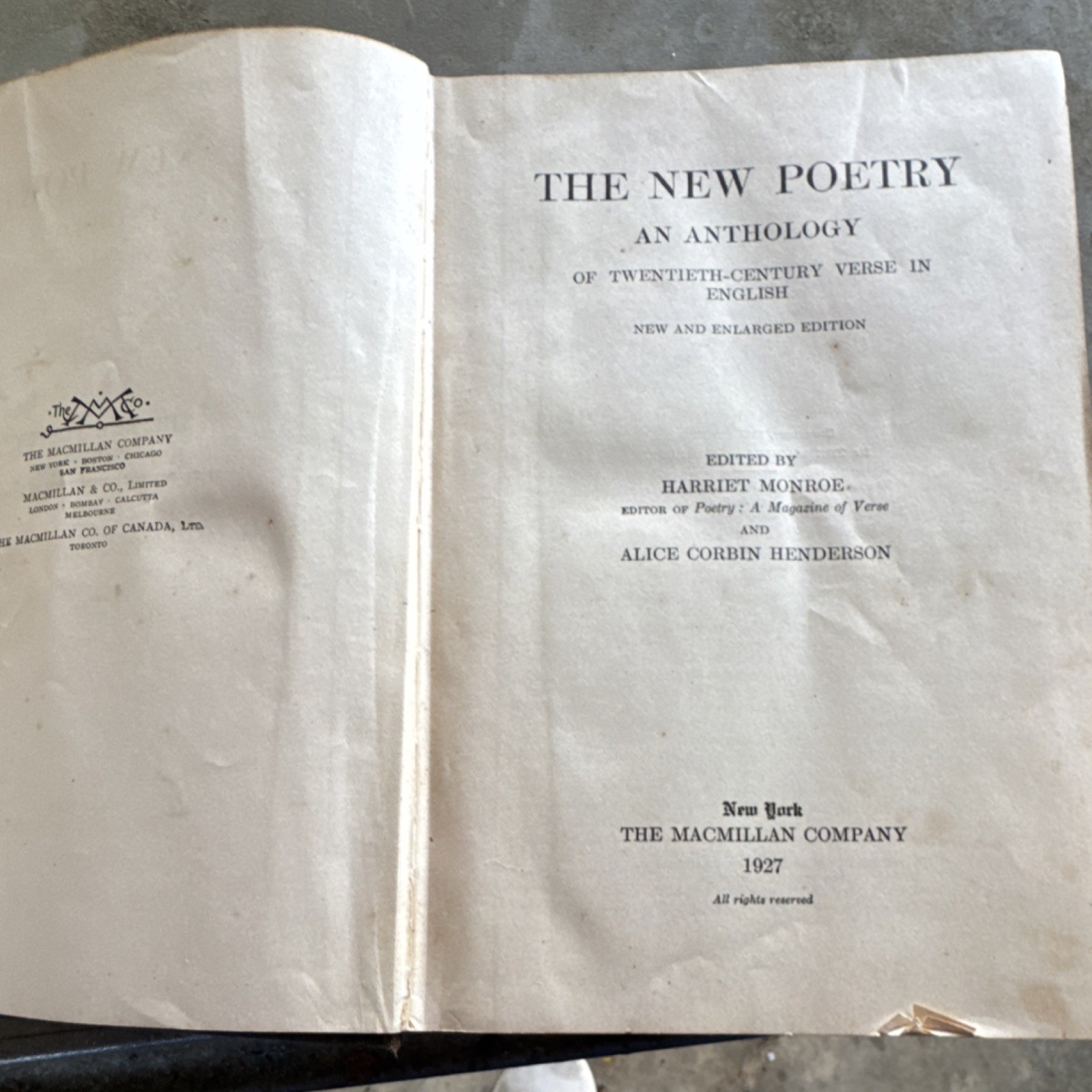 The New Poetry Anthology, Monroe & Henderson, Macmillan 1927, Cloth Hardcover