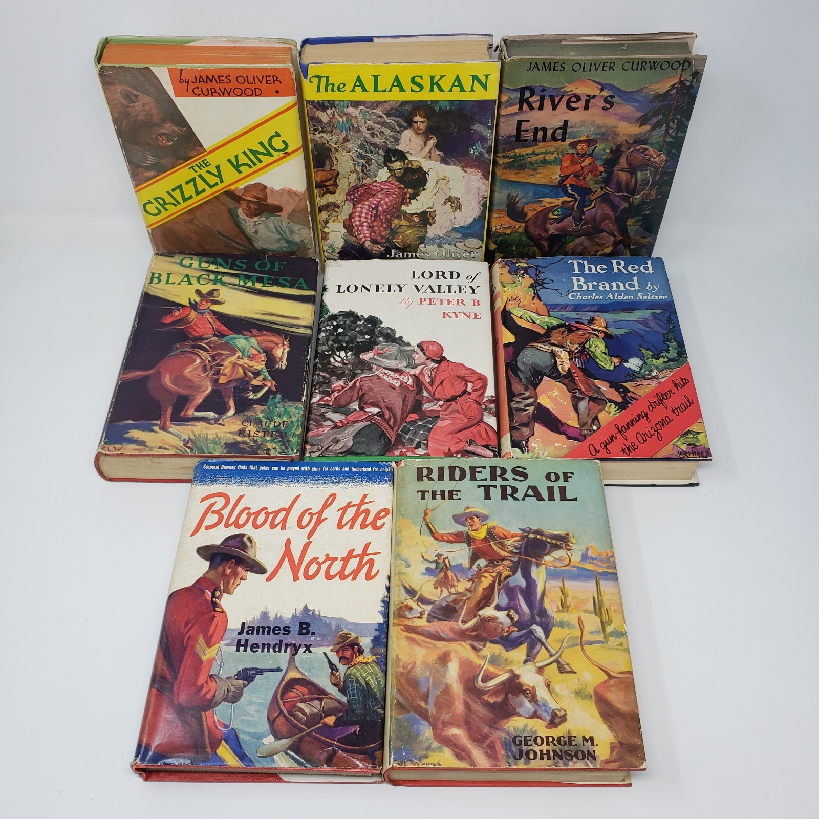 Vintage Westerns Lot of 8 (1910s-1940s, HC, DJ, Curwood, Henryx, Seltzer)