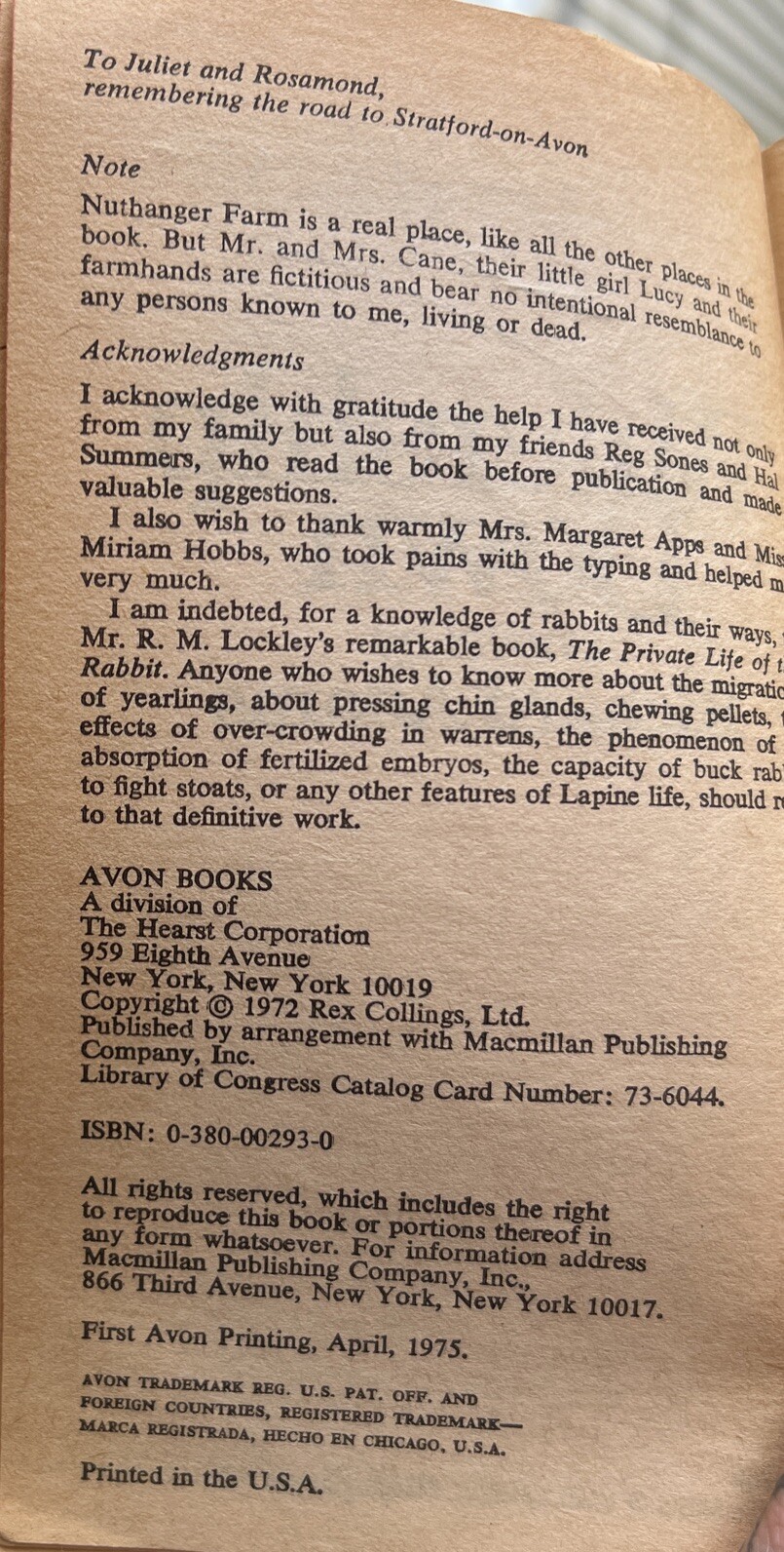 Adams, Richard – Watership Down Paperback First printing 1975 Avon Books