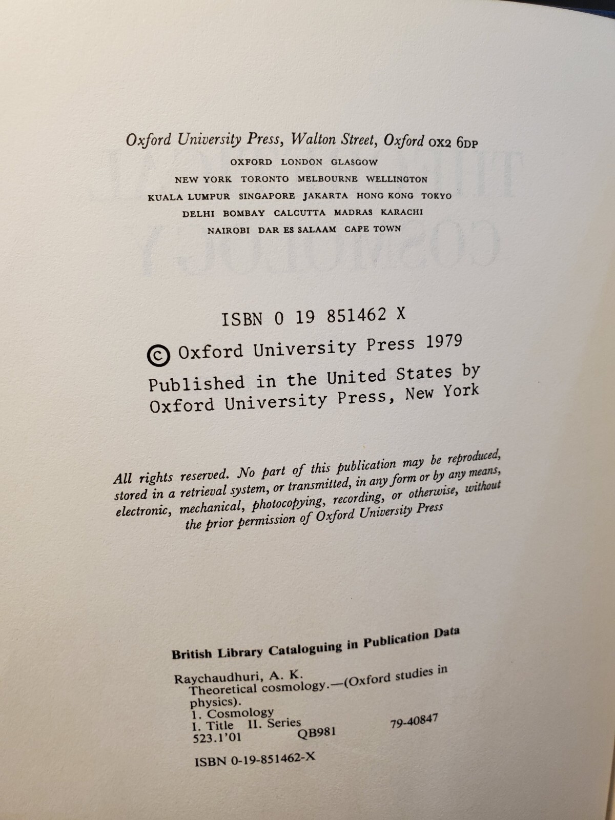 Oxford Studies in Physics Theoretical Cosmology by A.K. Raychaudhuri 1st Edition
