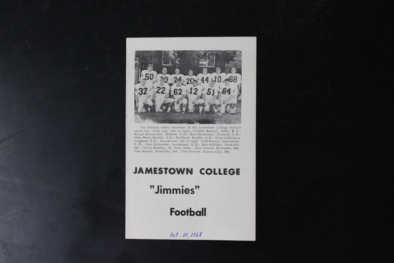 Vintage 1968 Jamestown College Jimmies Football Program Senior Team Roster