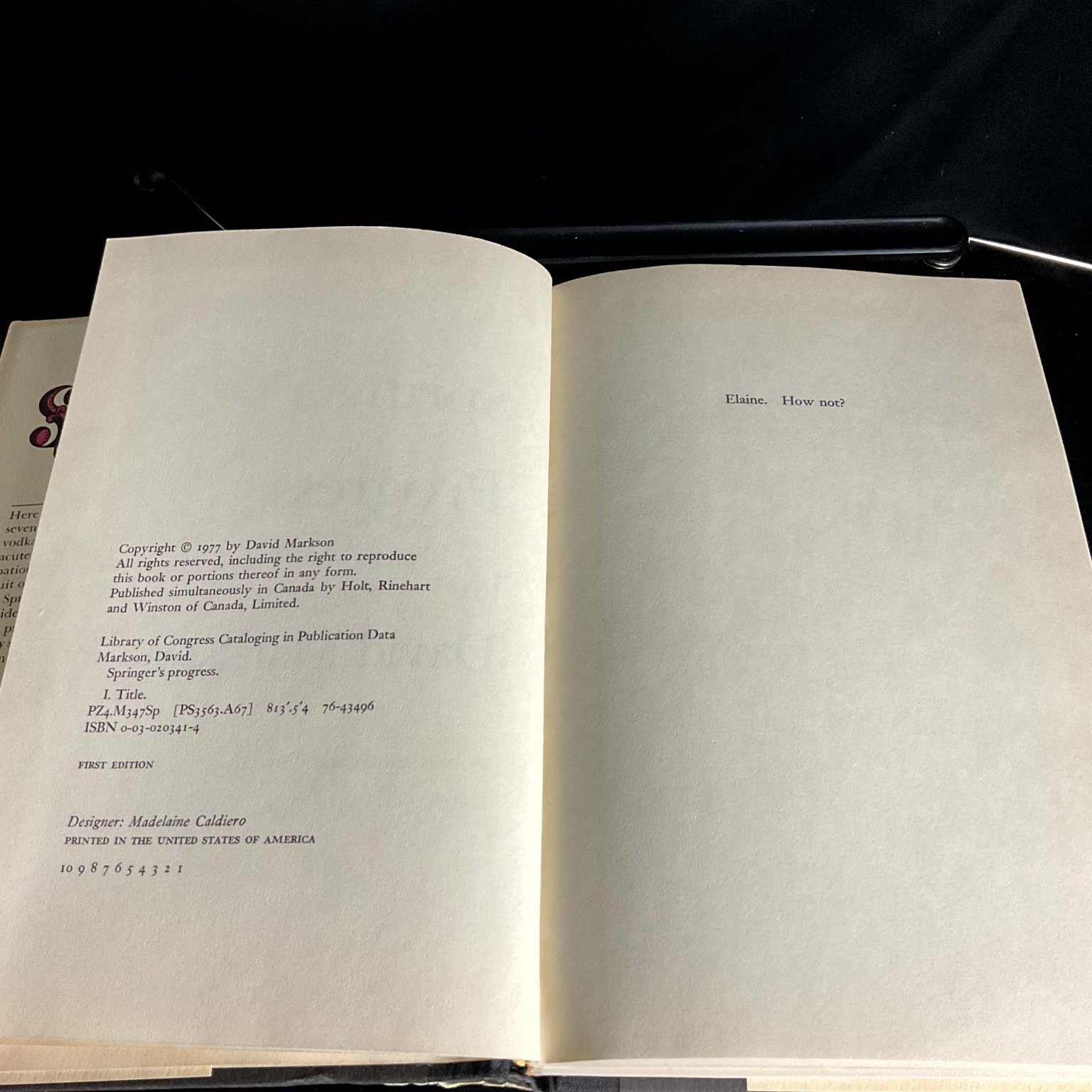 Springer’s Progress David Markson First Edition 1977 Novel