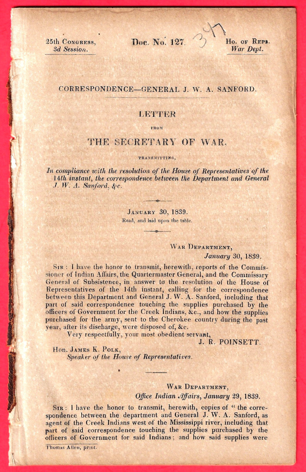 1839 Document ~ THE CHEROKEE WAR OF 1839 ~ General J.W.A. Sanford