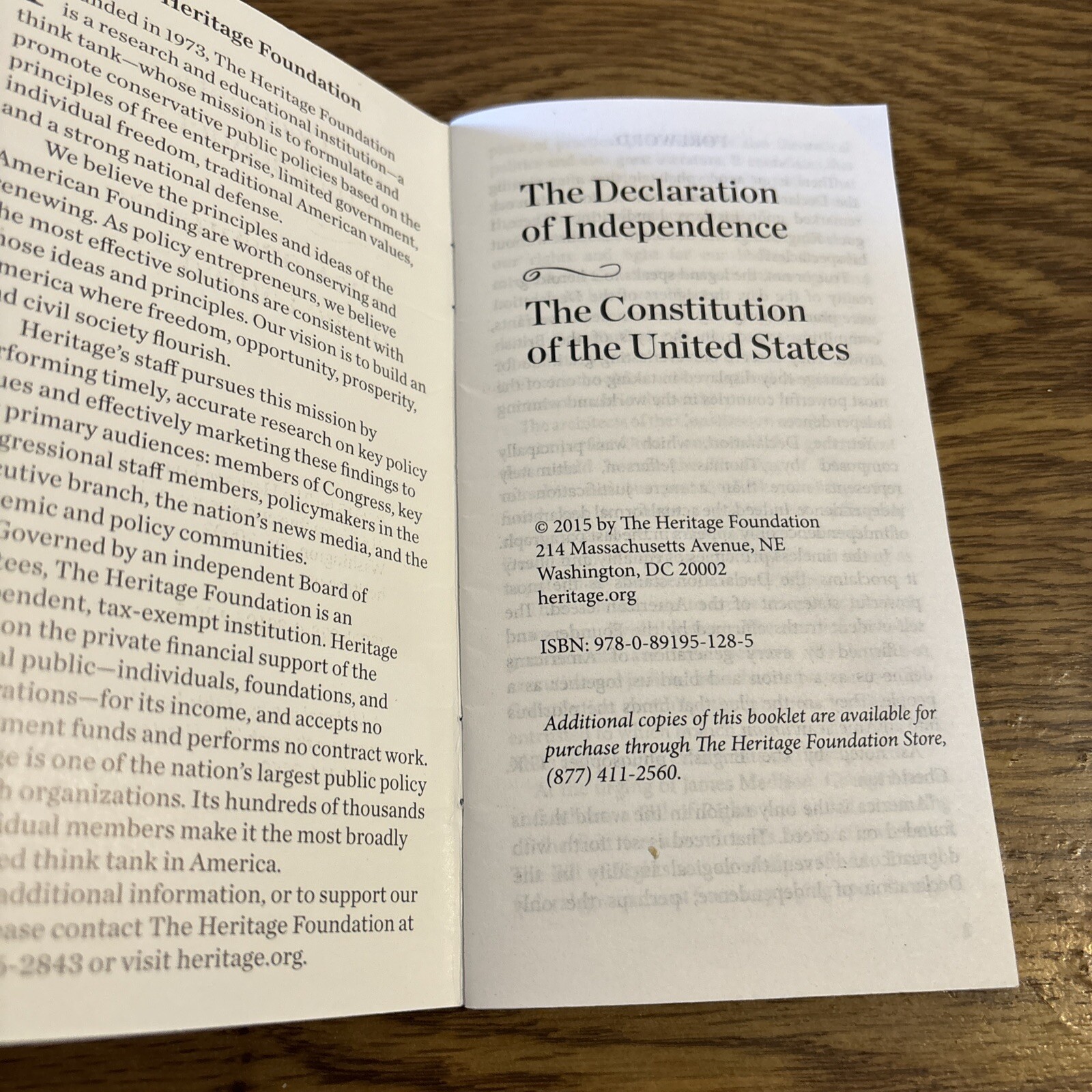The Heritage Foundation US Constitution/Declaration of Independence 2015