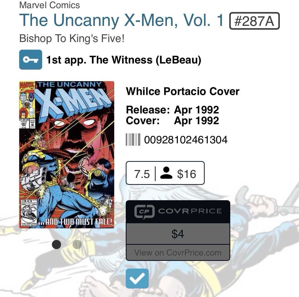 Uncanny X-Men (Vol 1) #287, Apr 92, 1st App – The Witness , Direct Edition