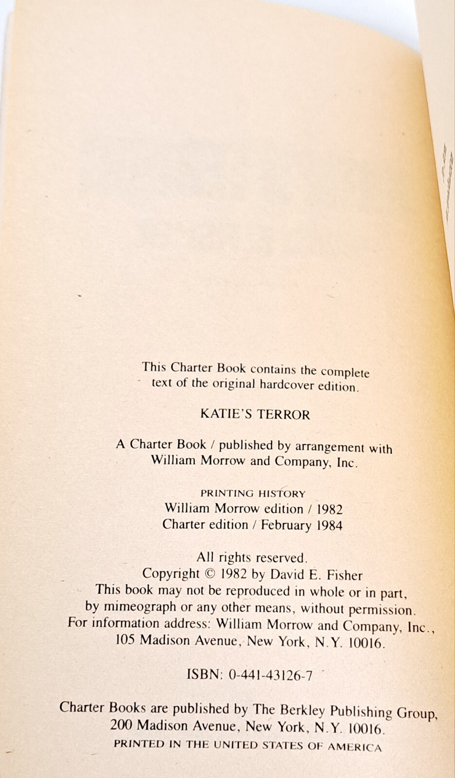 Katie’s Terror / David E. Fisher ~ Charter Books PB 1984 Suspense Thriller