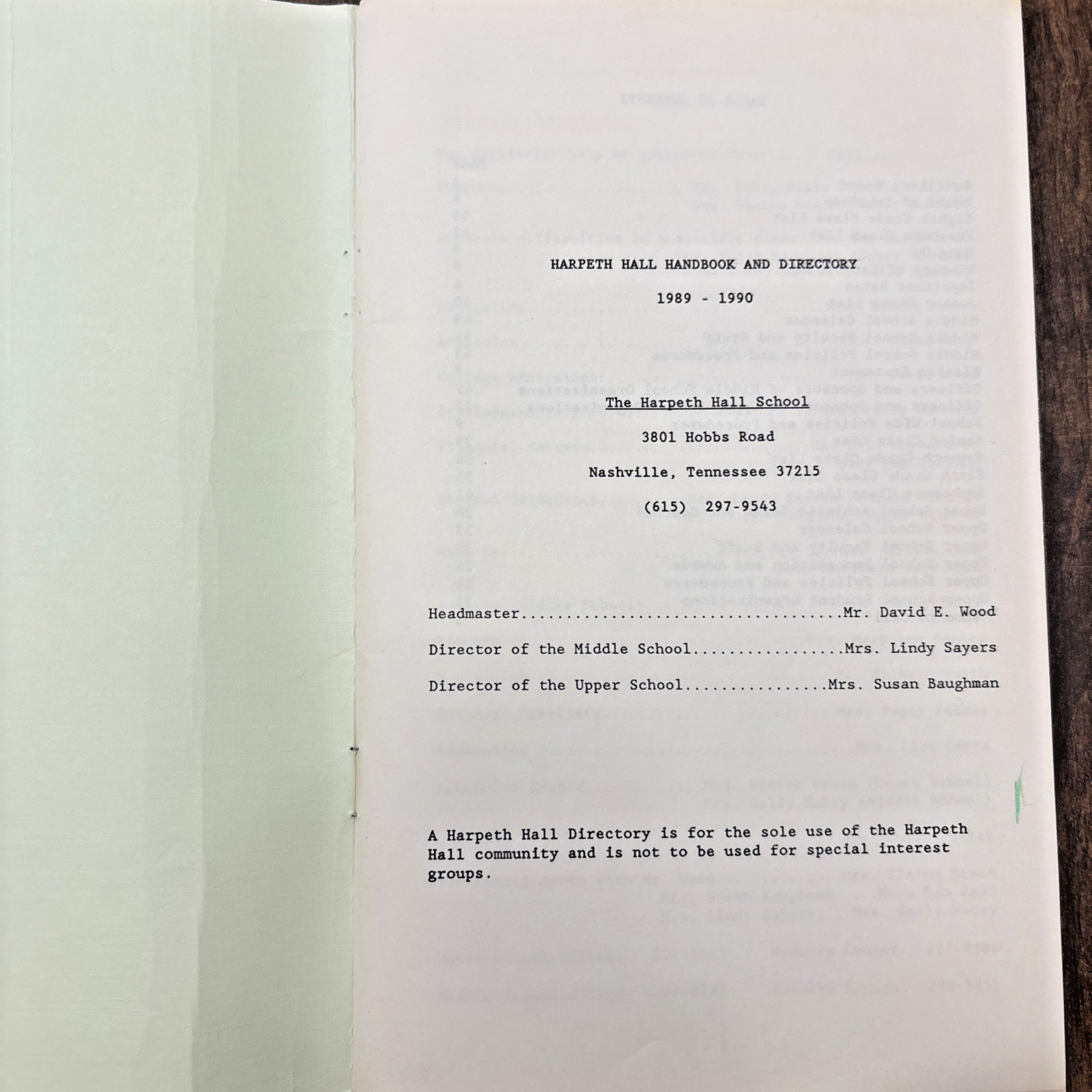 Directory Harpeth Hall School Nashville Tennessee TN 1989-1990 Book 82 Pages