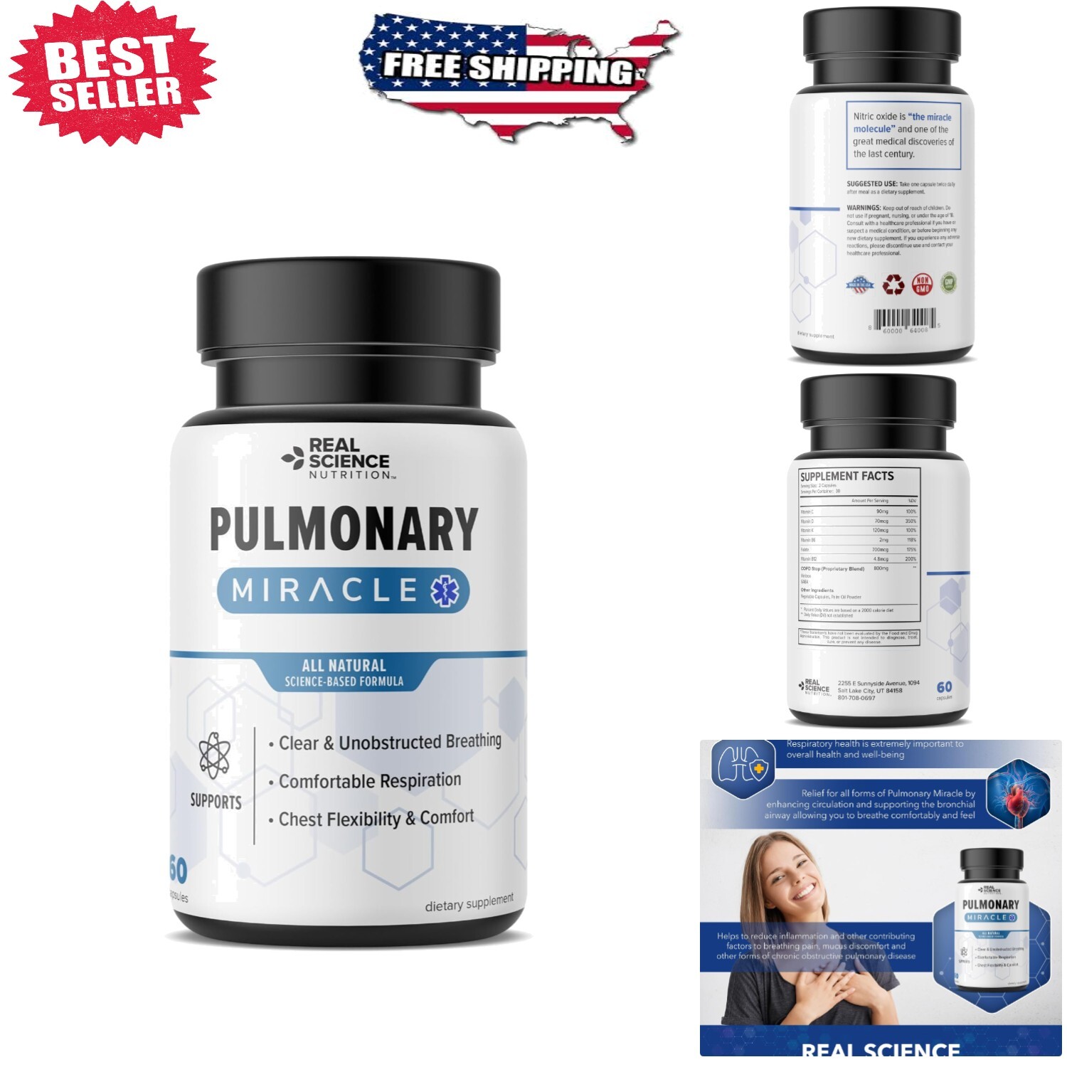 Natural COPD Support – 60 Non-GMO Capsules for Shortness of Breath Relief