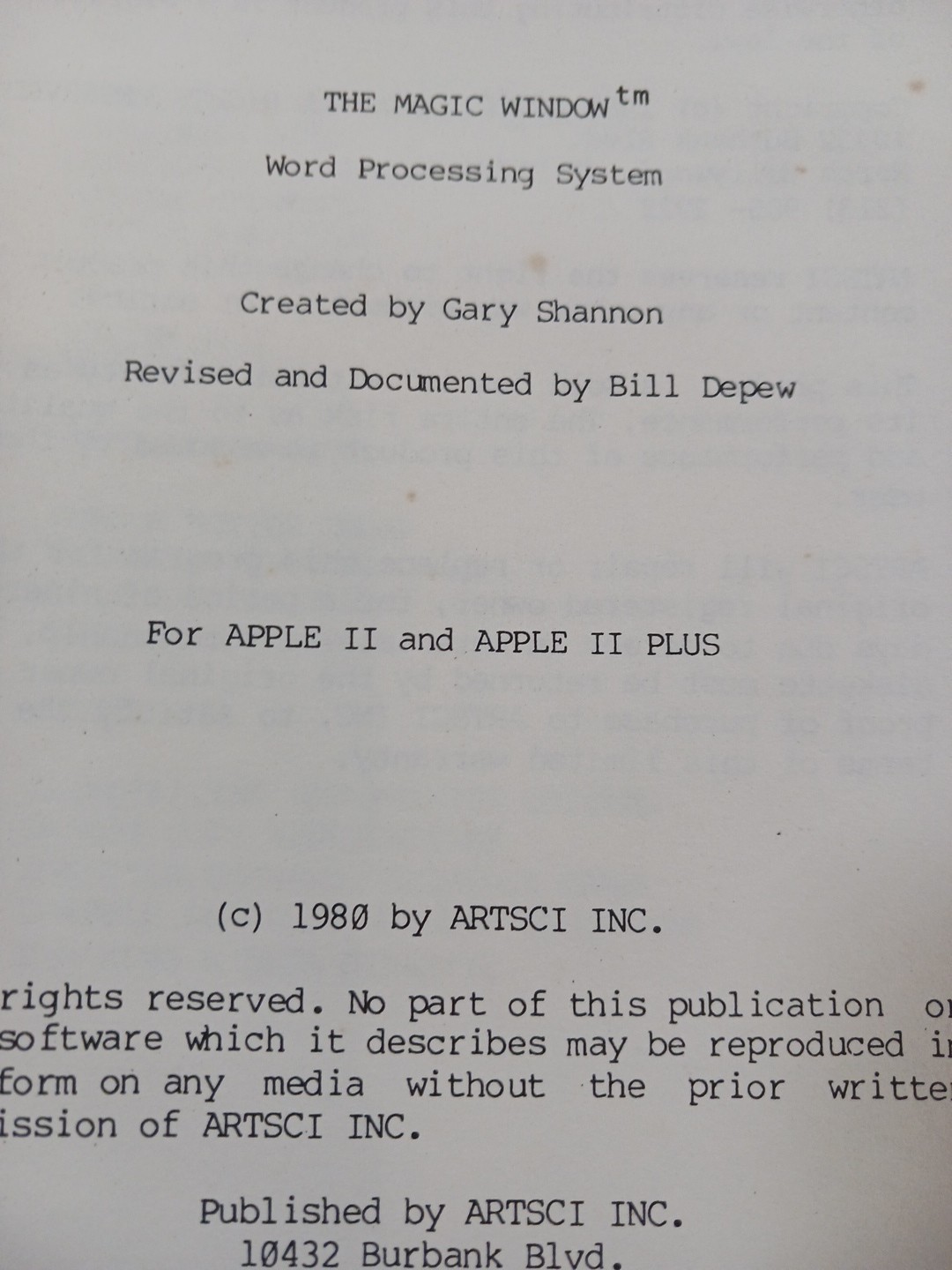 Magic Window Word Processing System Instruction Manual For Apple II & II Plus