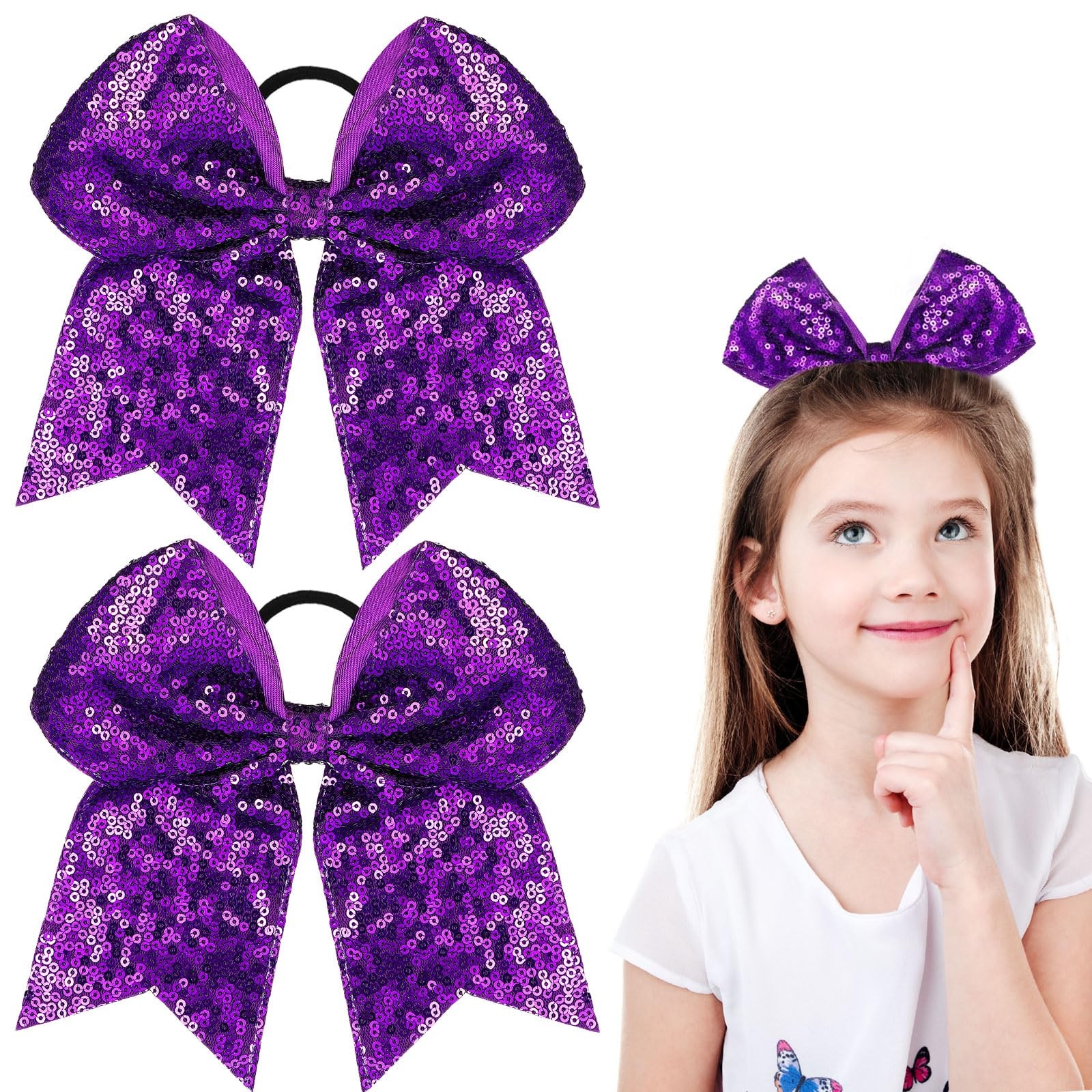 2 Packs Jumbo Cheerleading Bow 8 Inch 1 Count (Pack of 1), Sequin Purple