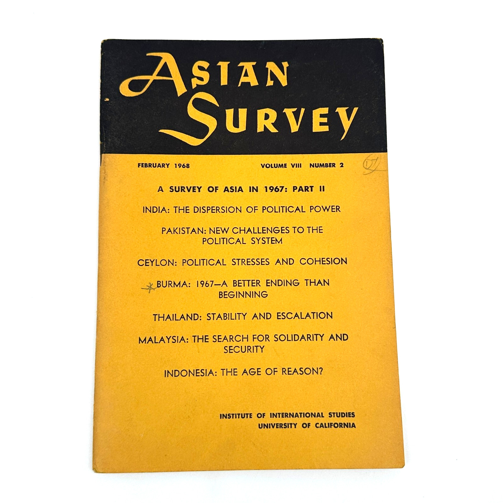Asian Survey February 1968 Vol VIII No 2 Asian Politics India Pakistan Burma