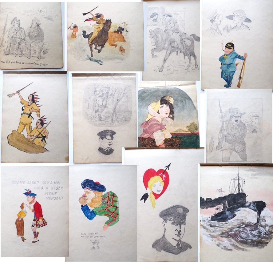 Original 1917 WWI Sketchbook Portfolio Alex Thorpe 20 Pages Art & Satire Geordie