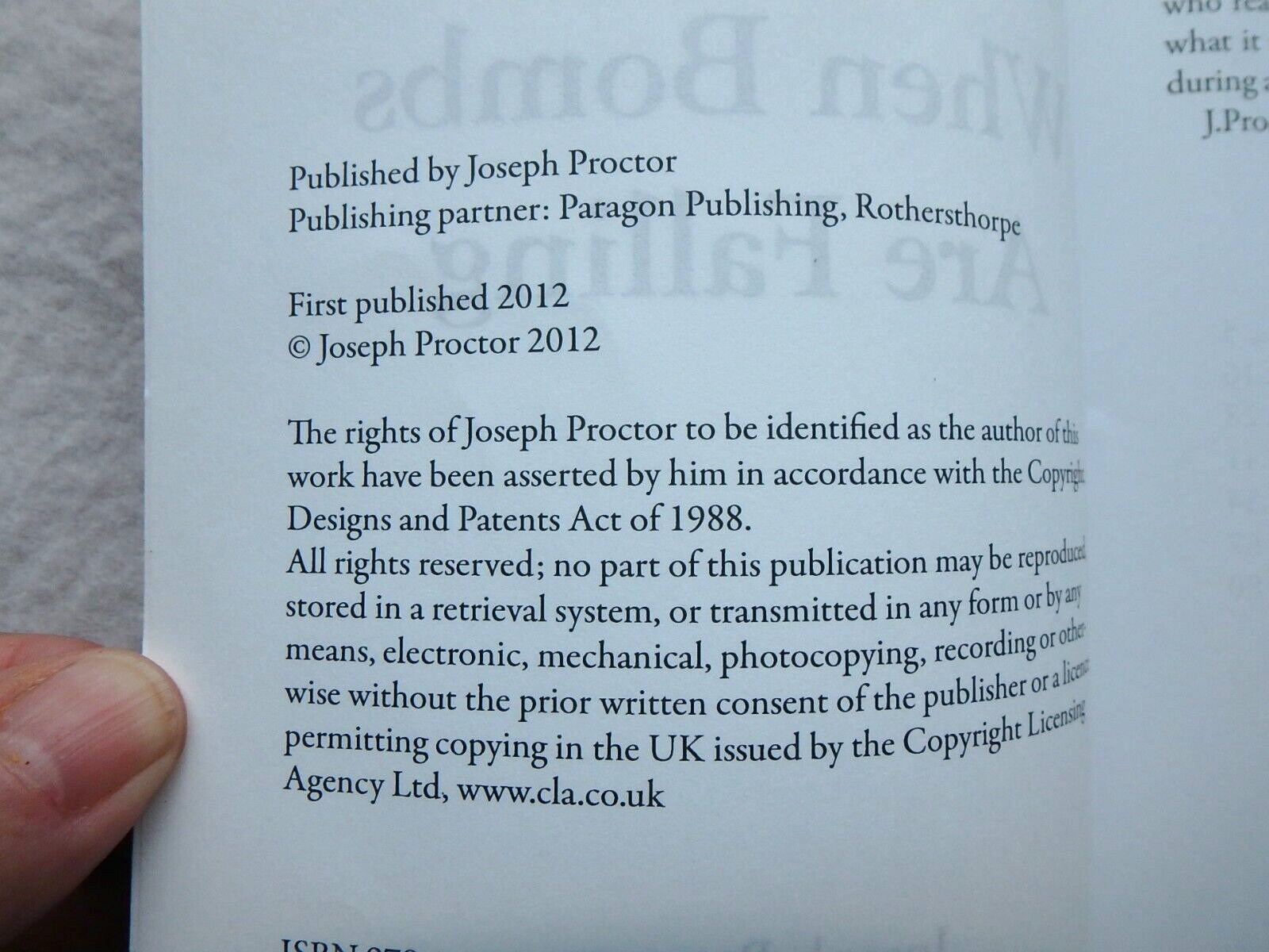 Rare – When Bombs Are Falling, by Joseph Proctor, Paragon Publishing, 2012, Exc.