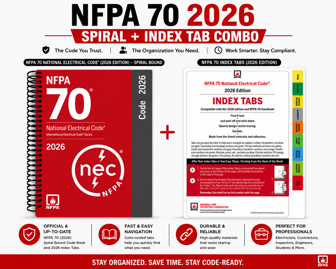 NFPA 70 NEC 2026 Spiral Code Book + 2026 Index Tabs Official Combo Set