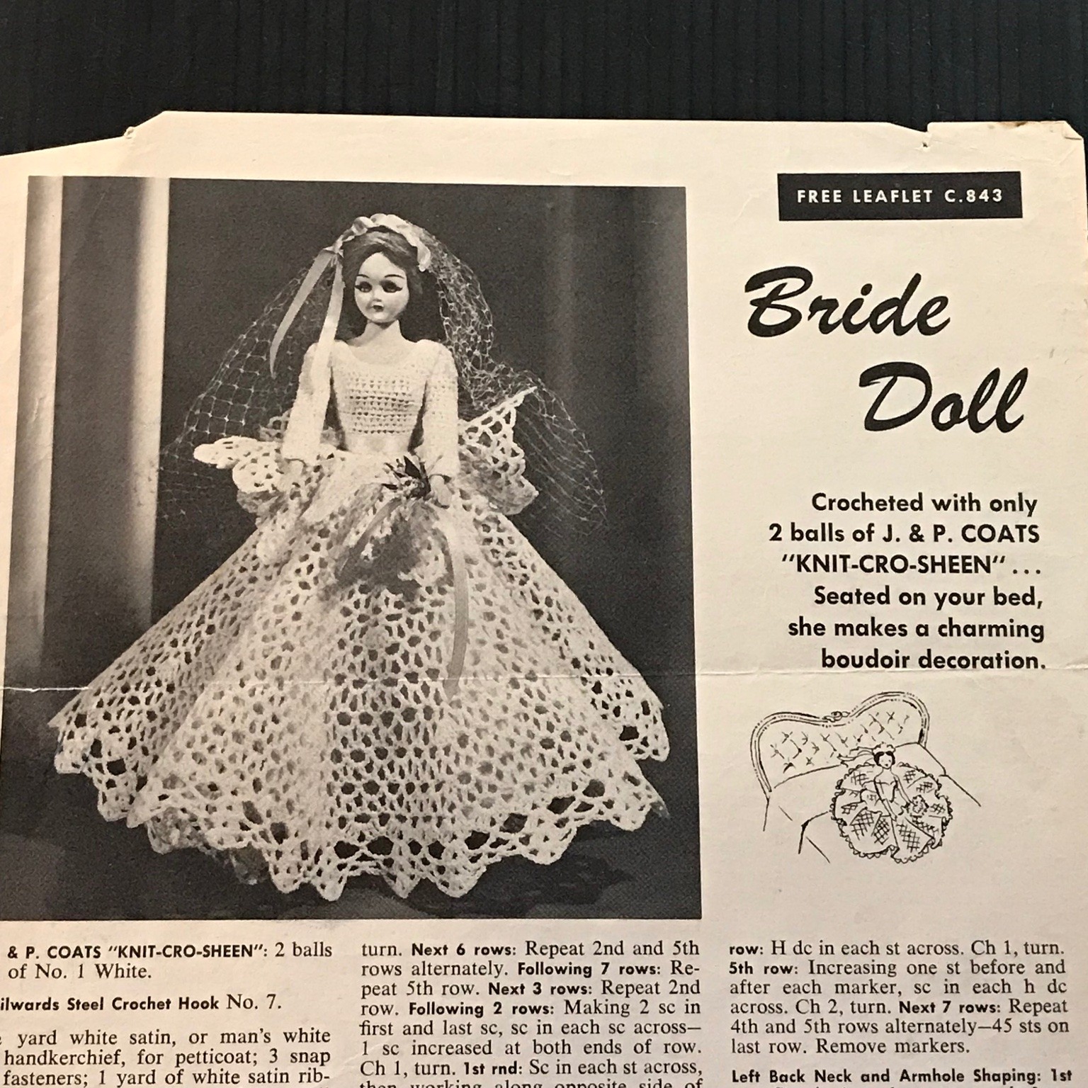 Bride Doll Crochet Pattern Leaflet C.843 J. & P. Coats Vintage