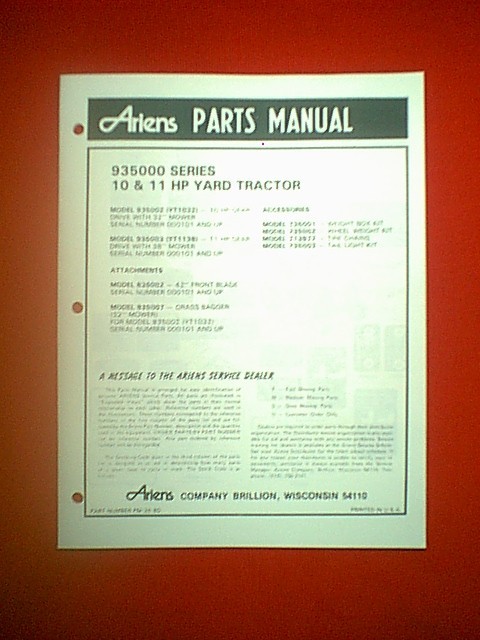 ARIENS 10 & 11HP GEAR DRIVE TRACTOR YT1032 935002 & YT1138 835003 PARTS MANUAL