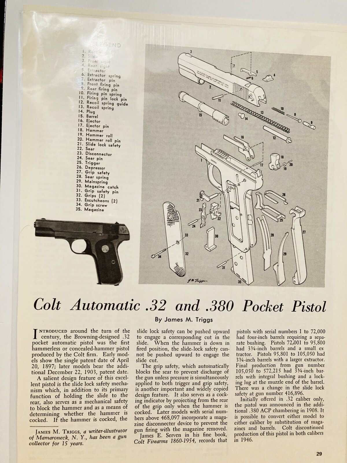 Colt Automatic .25 Pocket Automatic Takedown Exploded View Legend