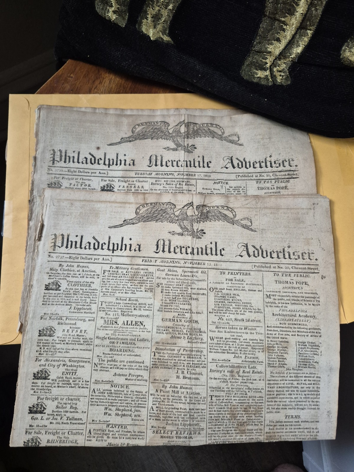 TWO 1812 Freeman’s Journal: Philadelphia Mercantile Advertiser, No. 2727 & 2730