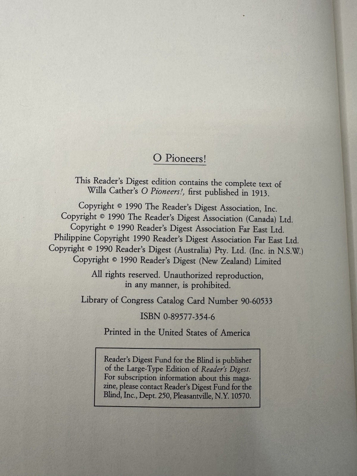 O Pioneers! Willa Cather 1990 Reader’s Digest Worlds Best Reading Hardcover HC