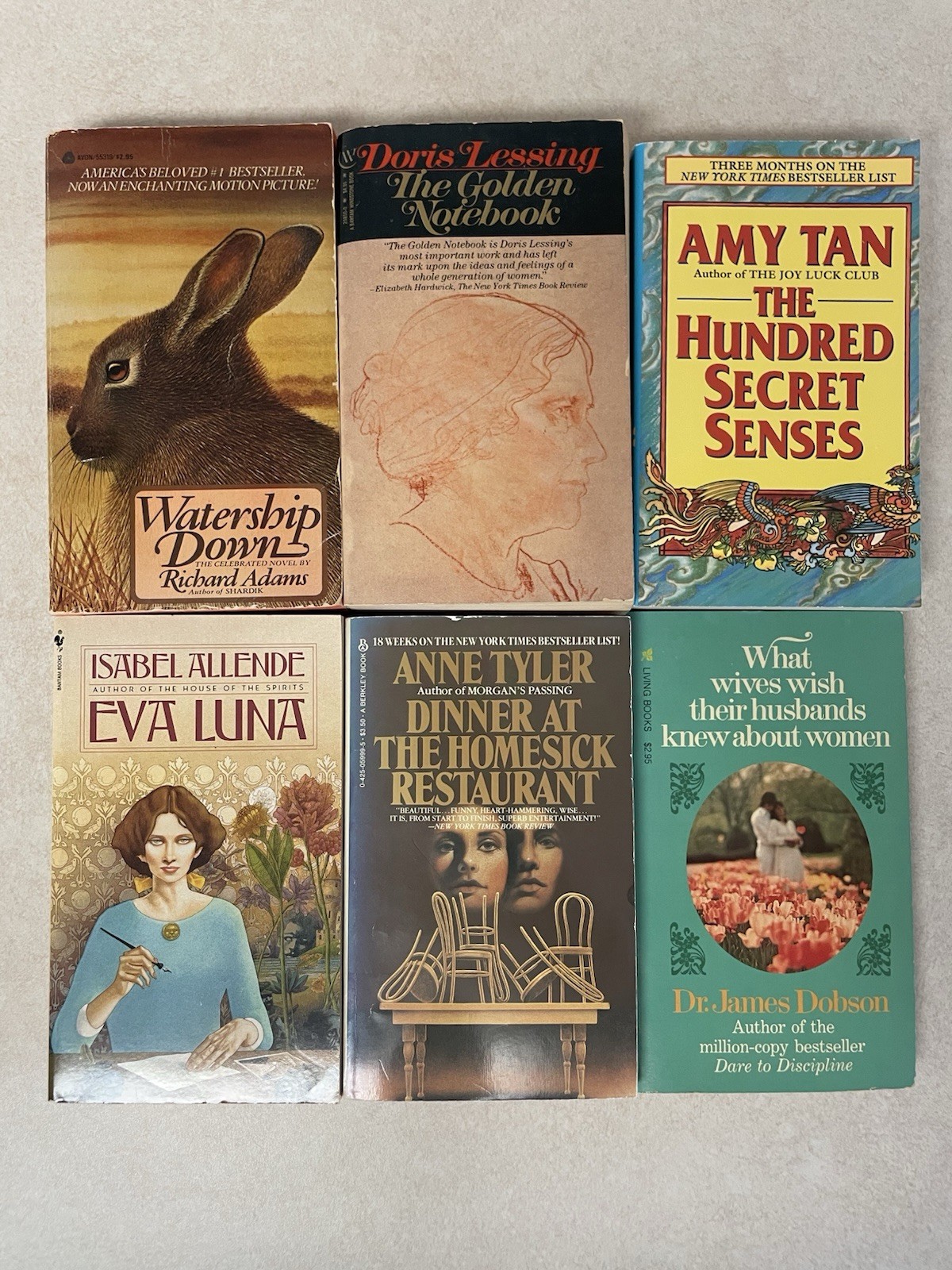 Lot of 6 Watership Down, Eva Luna, The Golden Notebook, Dinner At The Homesick R