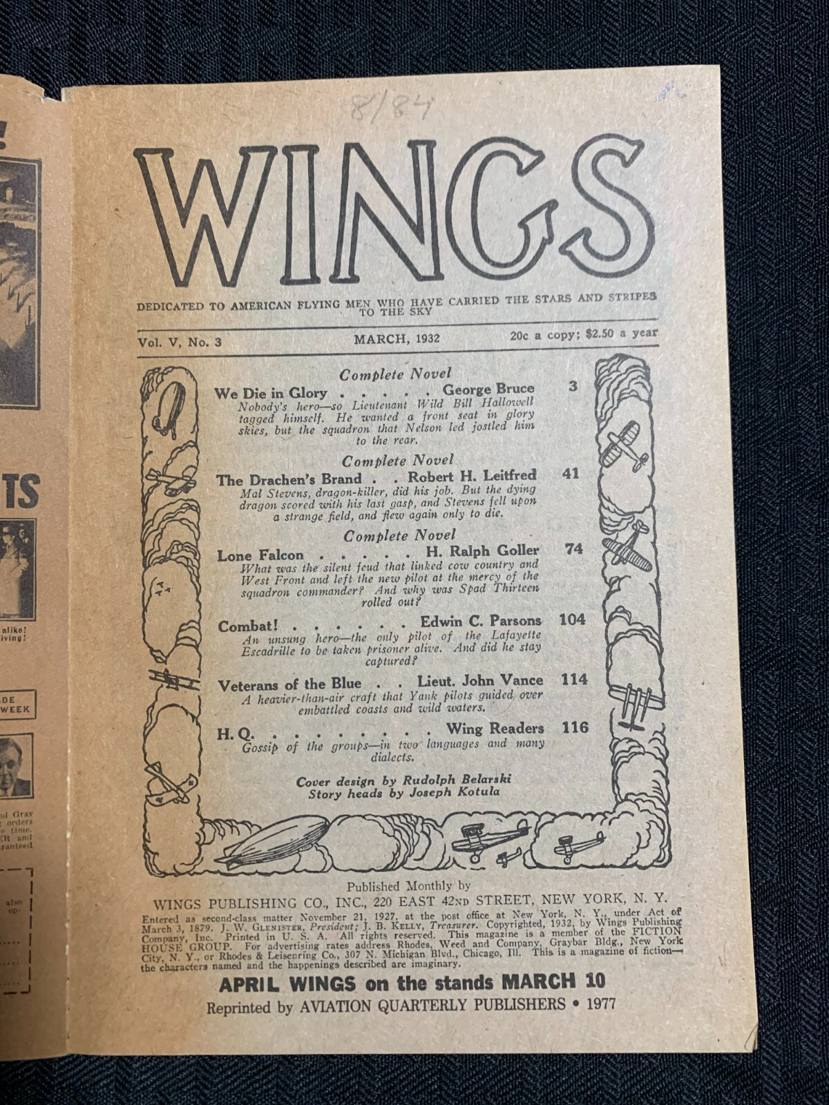 1932 March WINGS FIGHTING ACES Pulp Digest Magazine VG- 3.5 We Die in Glory