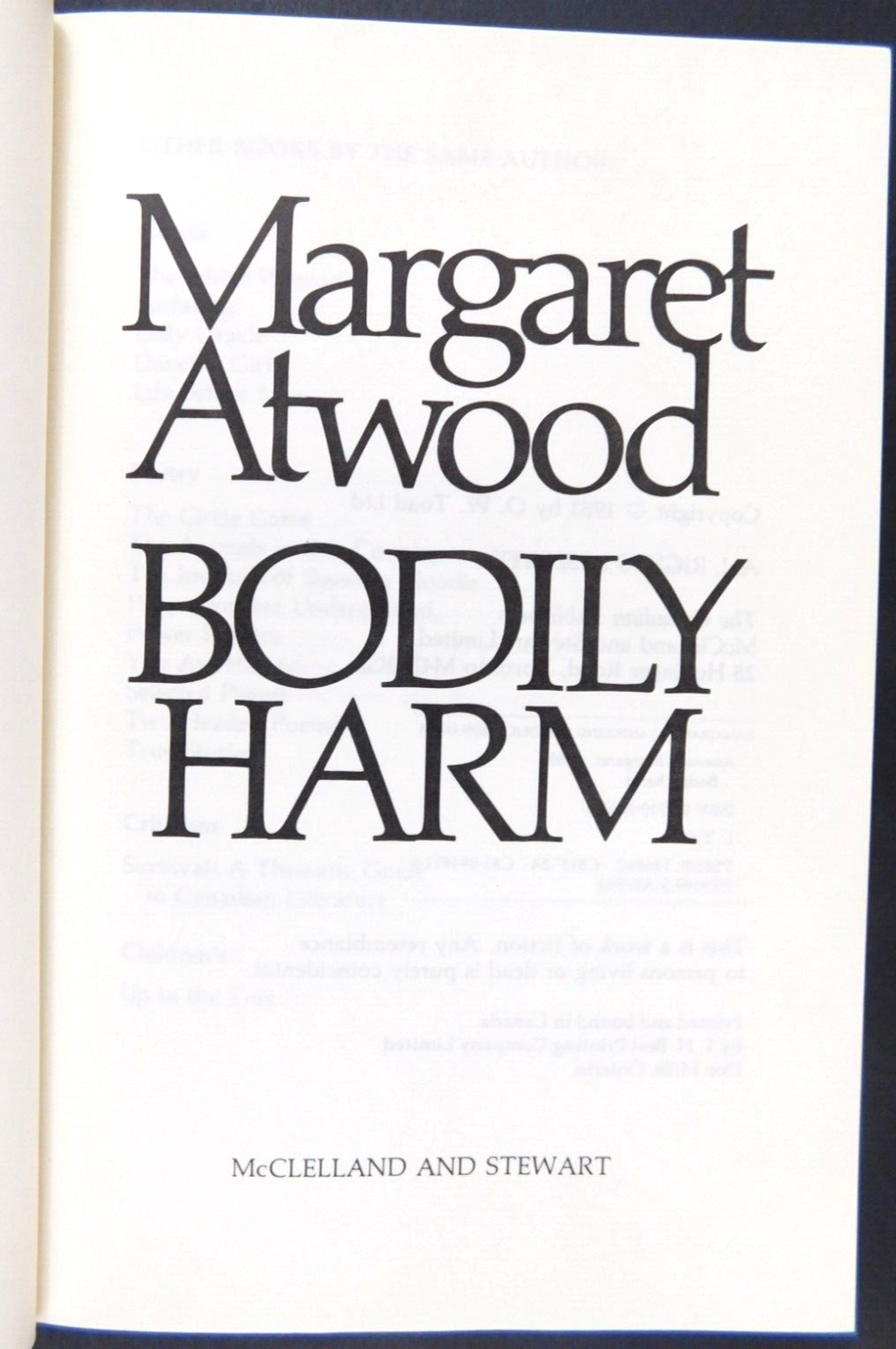 MARGARET ATWOOD 1st edition BODILY HARM 301 pages 1981 Early novel