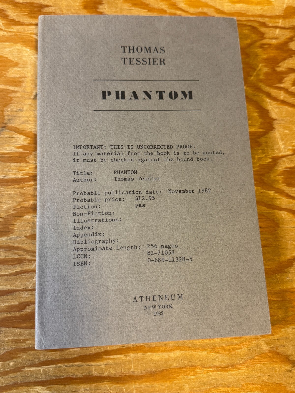 PHANTOM 1982 Thomas Tessier ARC Advance Reading Copy Uncorrected Proof