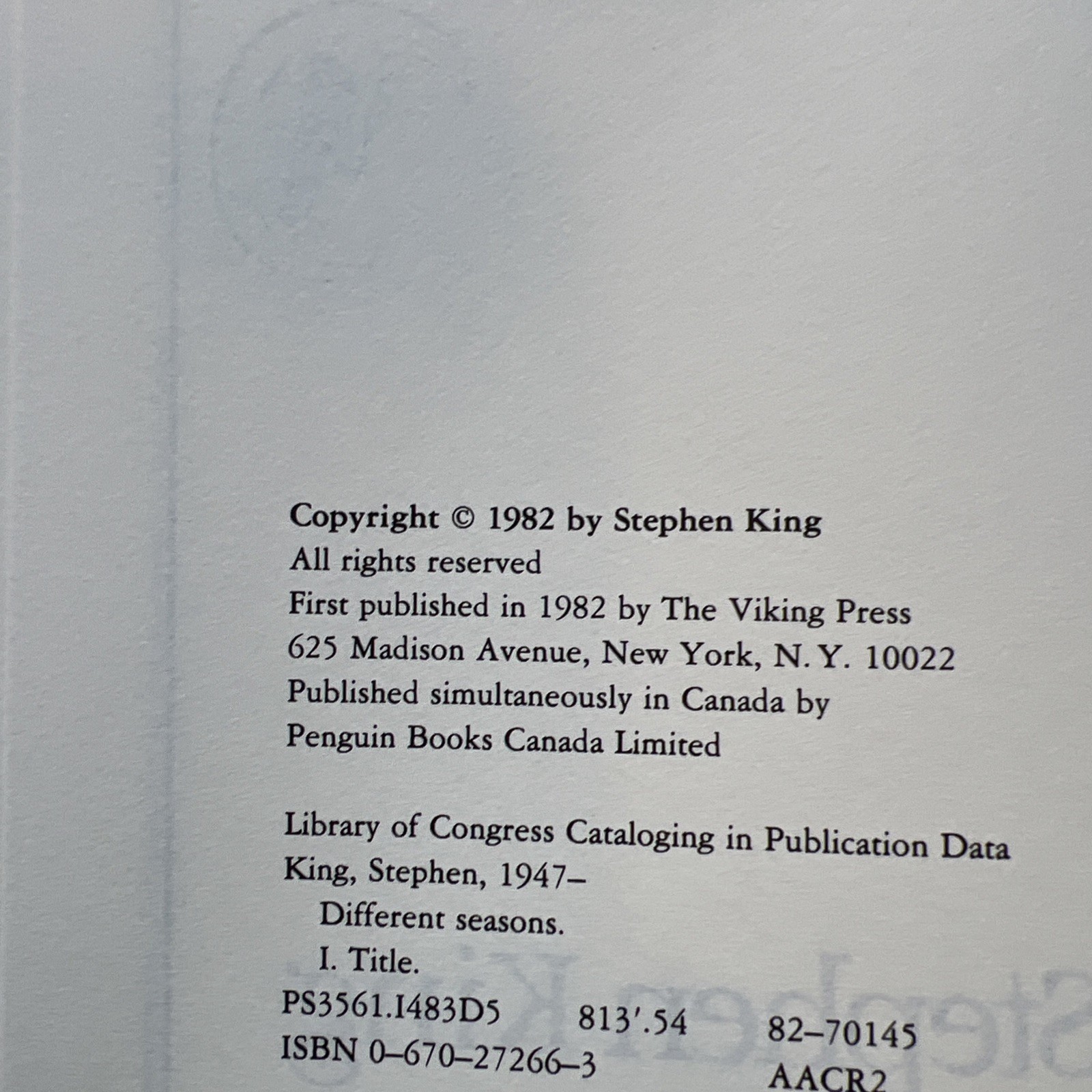 Different Seasons by King, Stephen Hardcover Book 1982 Viking – 1st Edition