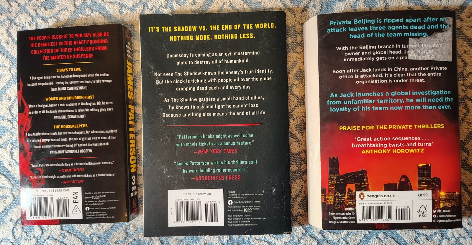 3 BOOK LOT! James Patterson – 3 Days to Live / Circle of Death / Private Beijing