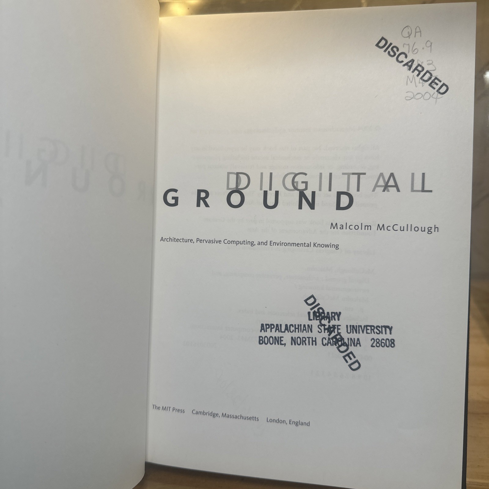 Digital Ground by Malcolm McCullough 2004 Hardcover