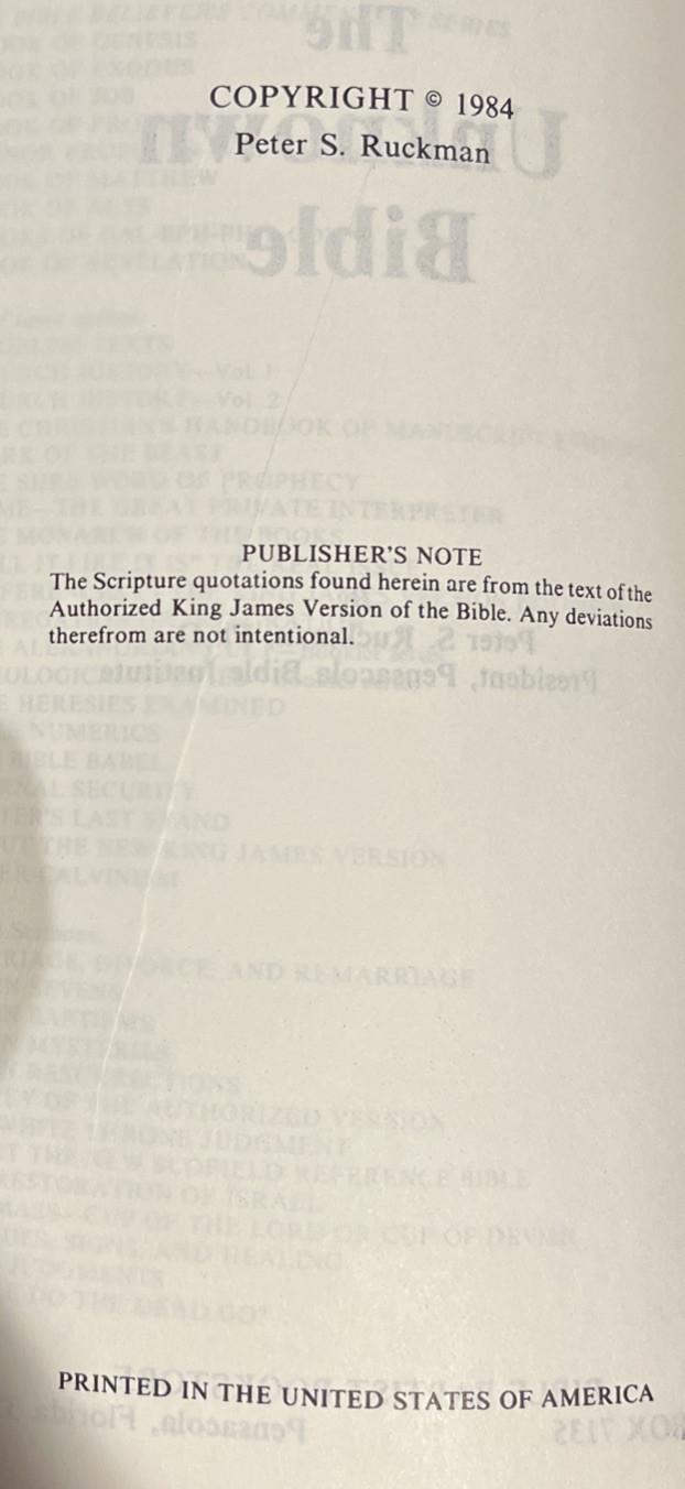 The Unknown Bible By Dr. Peter S. Ruckman – 1984 Staple Bound Paperback Book