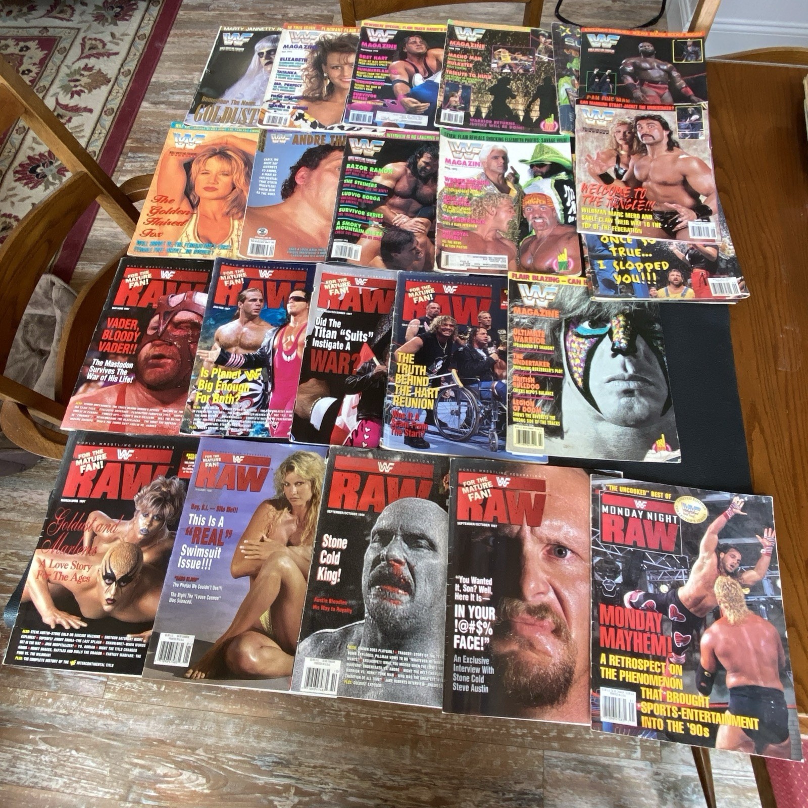 Lot 22 WWE “RAW” Magazine Collection 1992 1993 1996 1997 1998 Foley Card Sheets