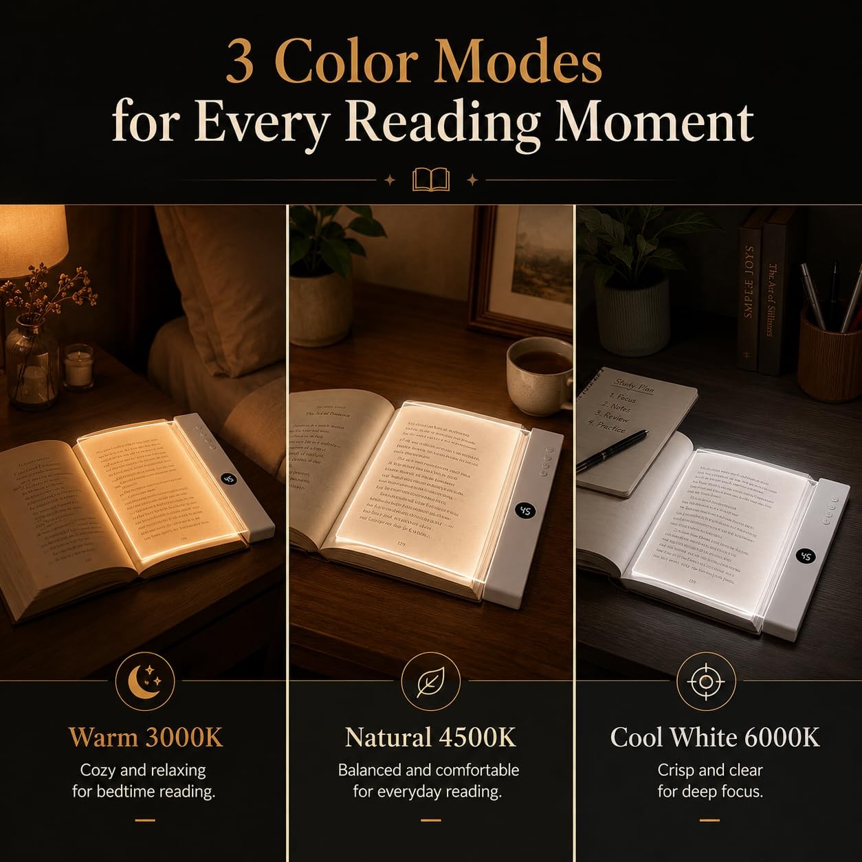 Book Light, Rechargeable Clear Flat Book Lights for Reading in Bed at Night w…