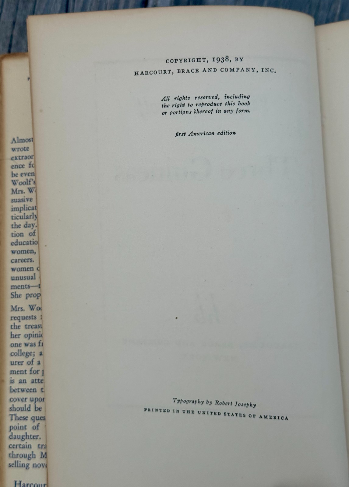 Virginia Woolf Three Guineas 1938 First American Edition Harcourt Brace Original