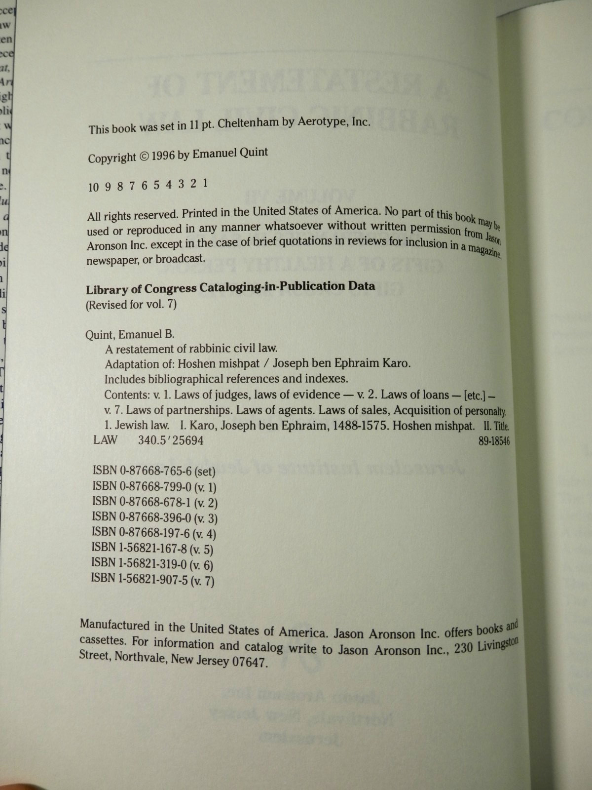 A RESTATEMENT OF RABBINIC CIVIL LAW : 7 Volume Set Emanuel Quint – Hardcover