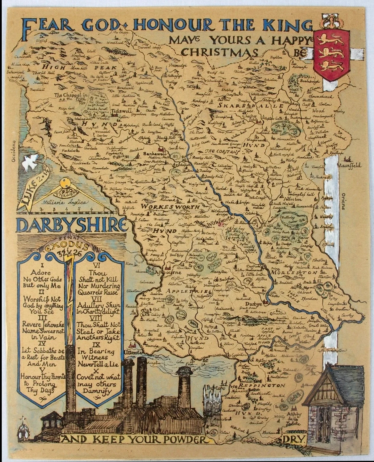 DERBYSHIRE Manuscript Map See VIDEO Presentation 38.5 × 28.5cm hand-painted 1950