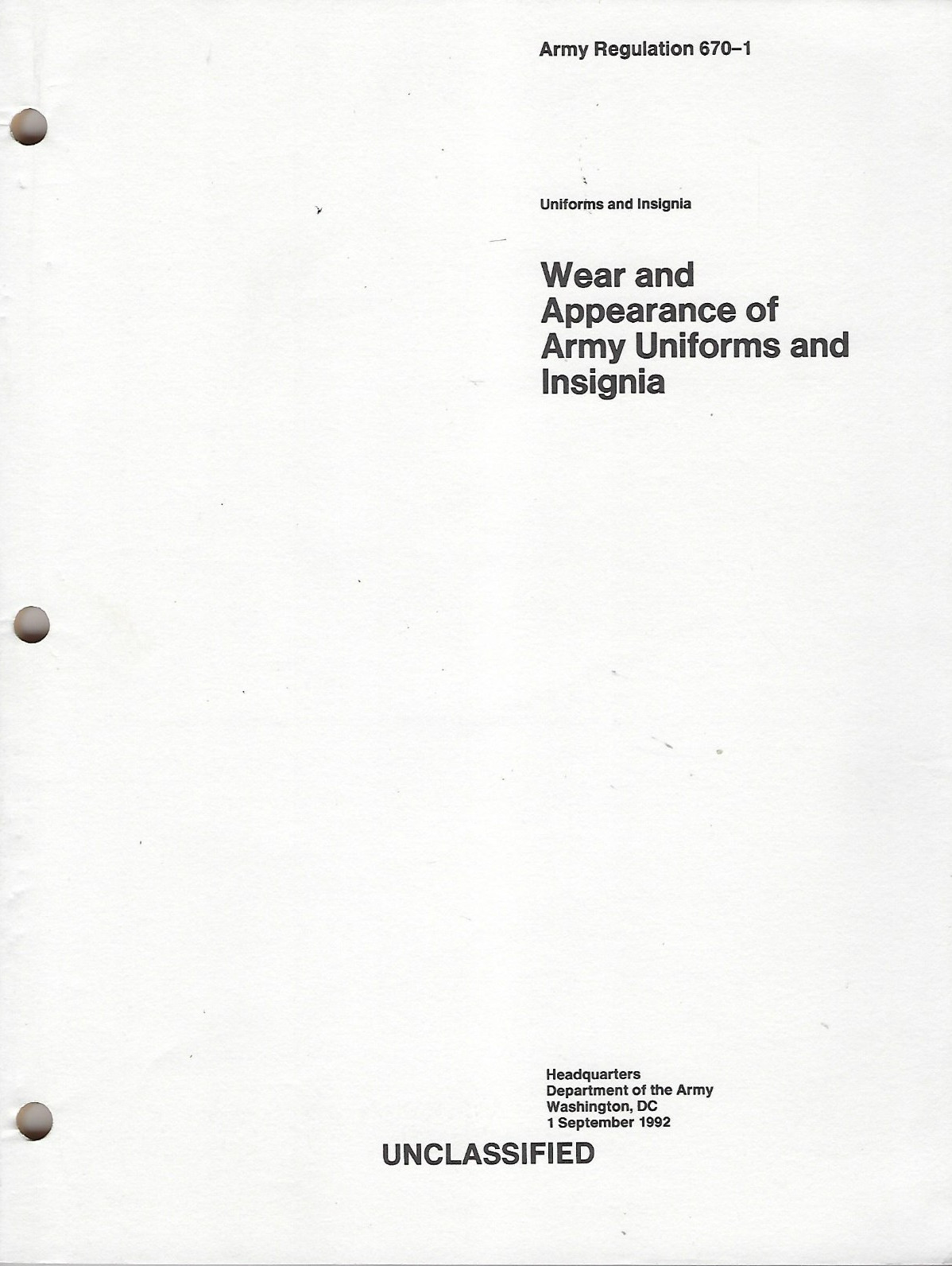 Historical book AR 670-1, Wear, Appearance of Army Uniforms and Insignia, 1992
