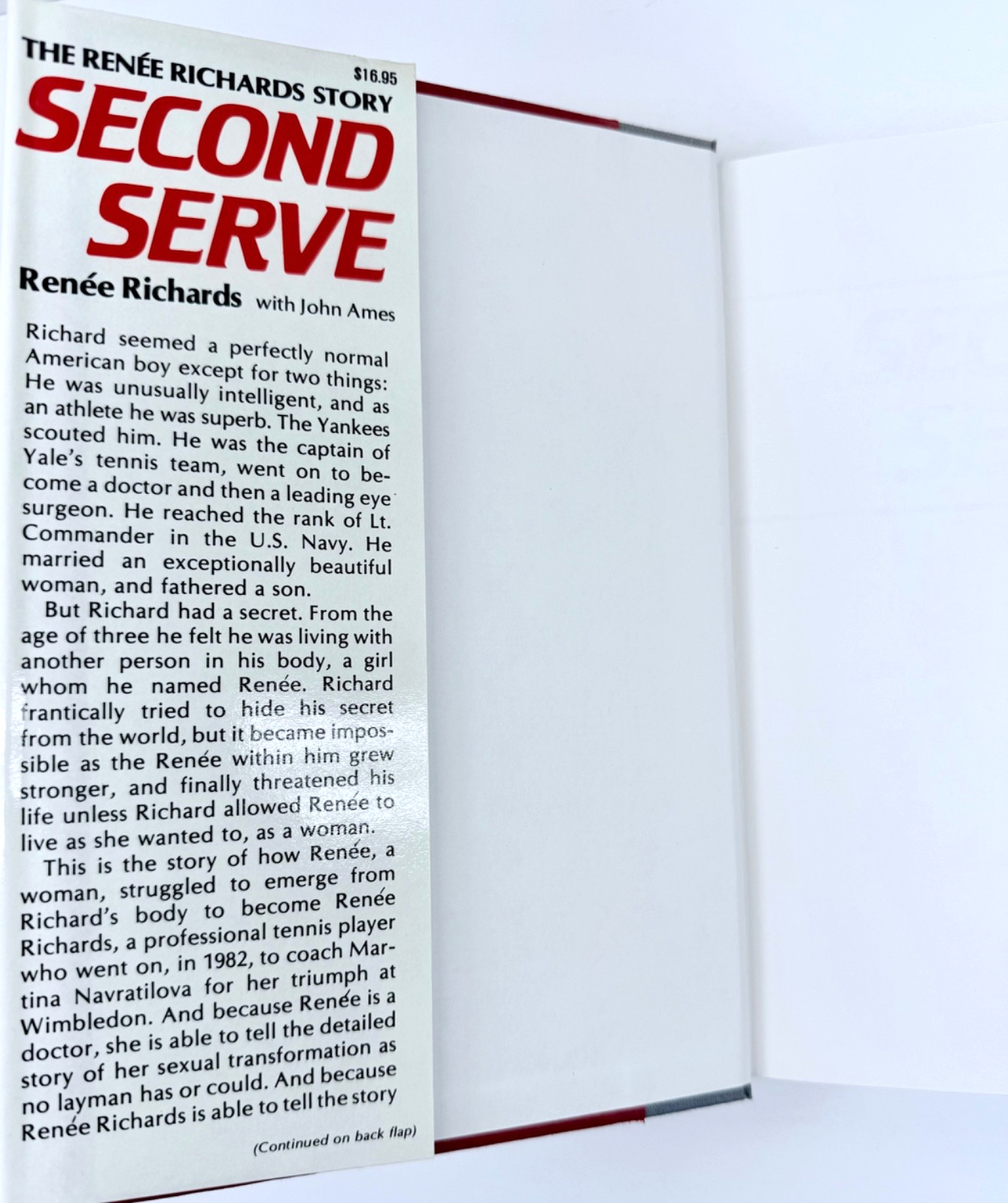 The Renee Richards Story Second Serve with John Ames First 1st Edition Very Good