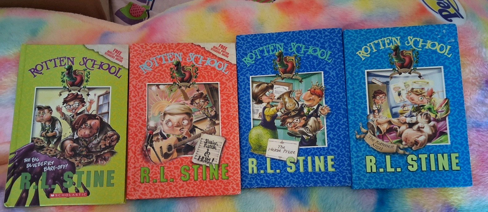 4 Rotten School HARDCOVER books by R.L. Stine. #1, 5, 6, &10, EUC overall