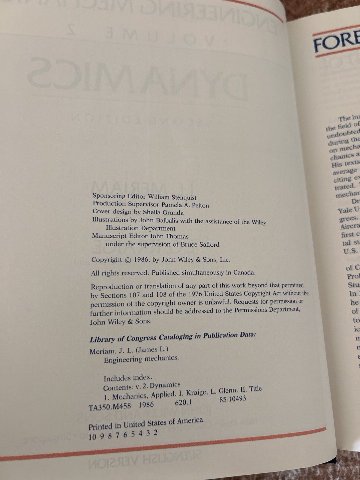 Engineering Mechanics Dynamics 2nd Ed Meriam Kraige; J. L. Meria 1986 Hardcover