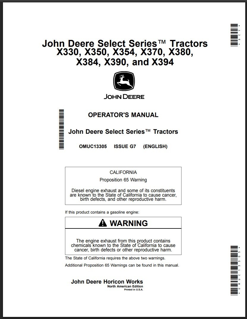 John Deere Tractors Manual: X330, X350, X354, X370, X380, X384, X390, X394
