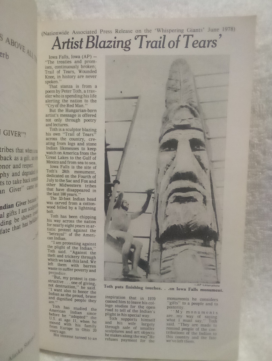 Indian Giver by Peter Wolf Toth Native American Wood Sculptures 1984 PB Signed