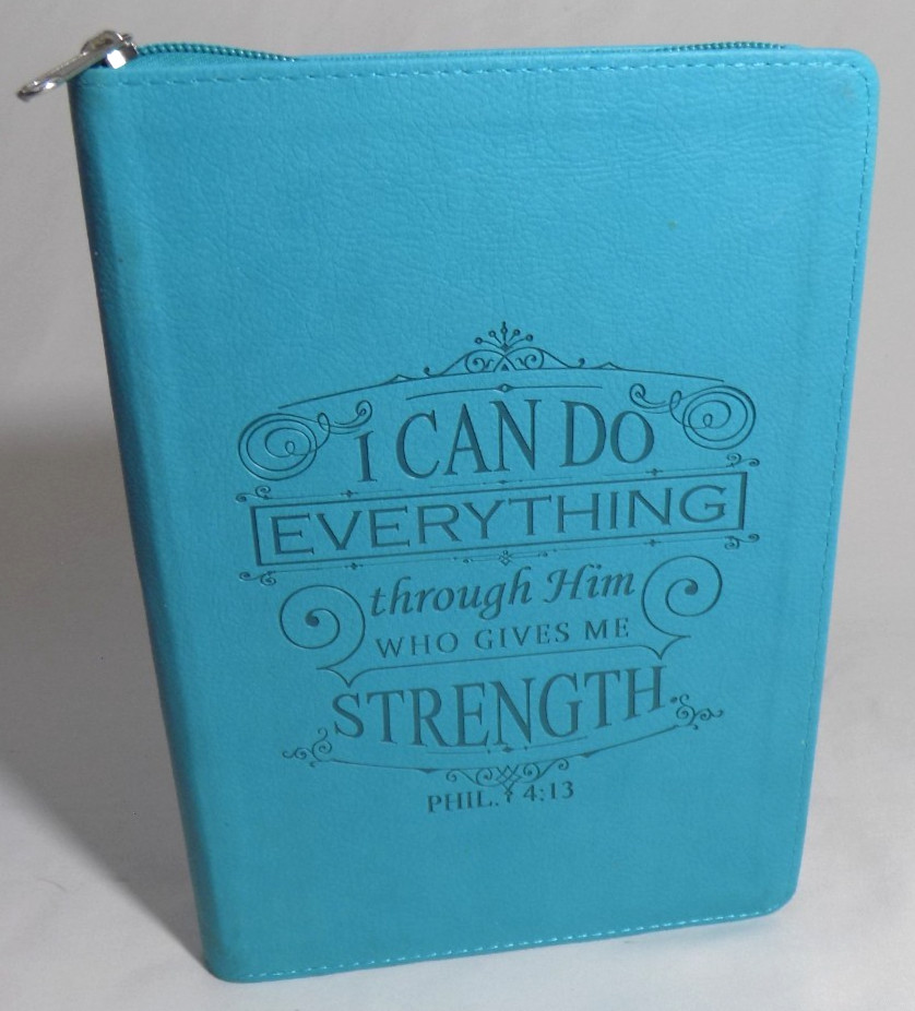 Faux Leather Lined Journal I Can Do Everything Phil 4:13 Bible Verse Teal Zipper