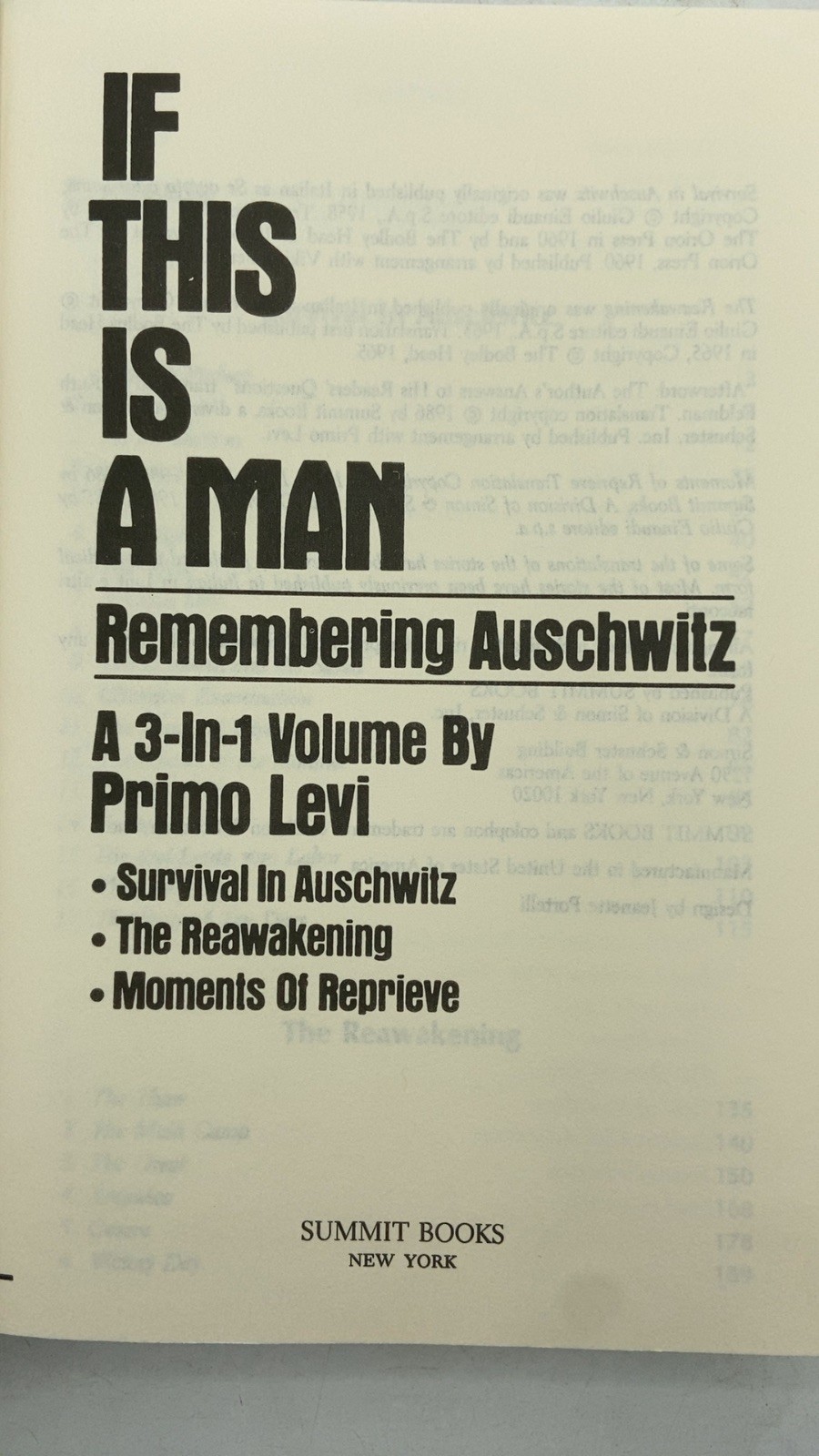 If This Is A Man: Remembering Auschwitz Primo Levi Hardcover 1986