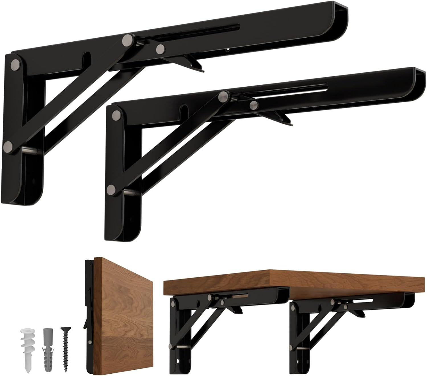 8 Inch Folding Shelf Brackets-2 Pack Foldable Heavy Duty Triangle Collapsible Wa