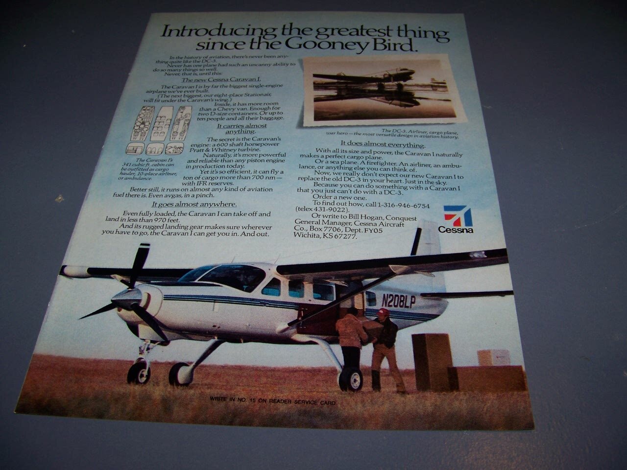 VINTAGE…CESSNA CARAVAN “DC-3”..1-PAGE COLOR SALES AD…RARE! (584T)