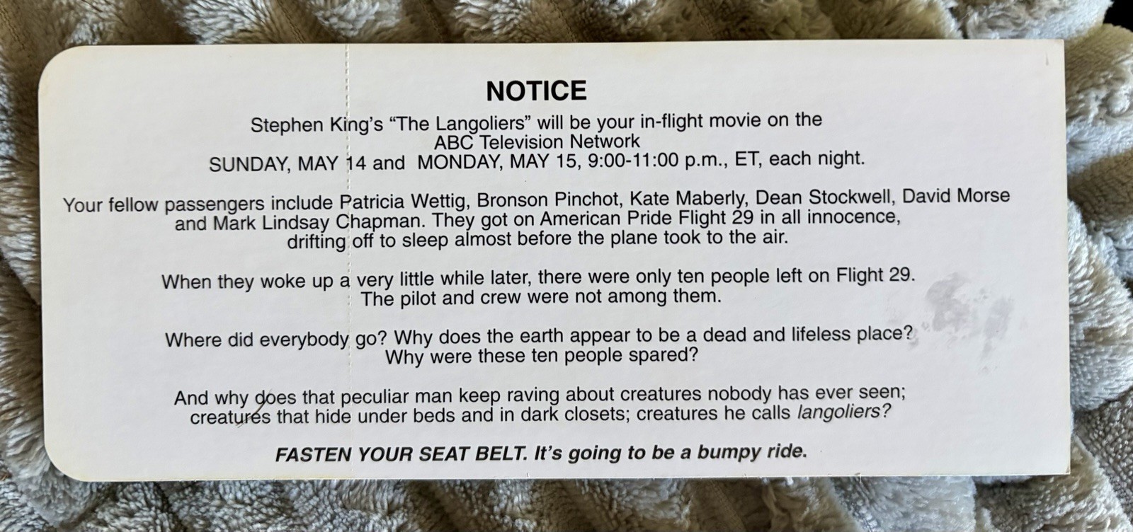 Rare Promo Boarding Pass Flight 29 American Pride Langoliers Stephen King ABC