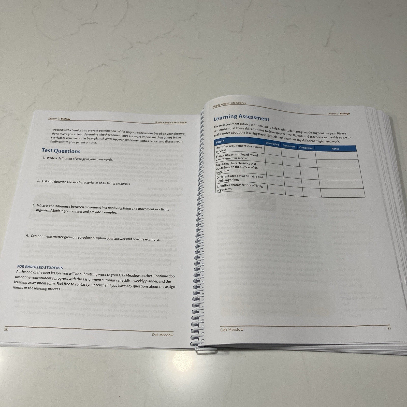 Oak Meadow Grade 6 Basic Life Science Coursebook and Teacher Manual Homeschool