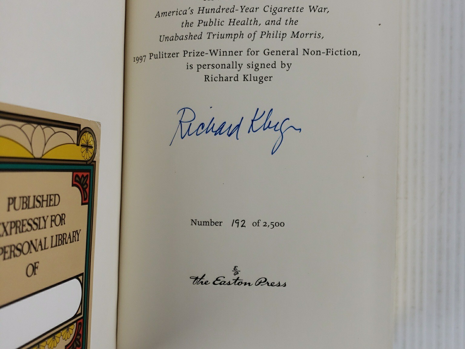 Easton Press Ashes to Ashes by Richard Kluger Signed Limited Edition, COA
